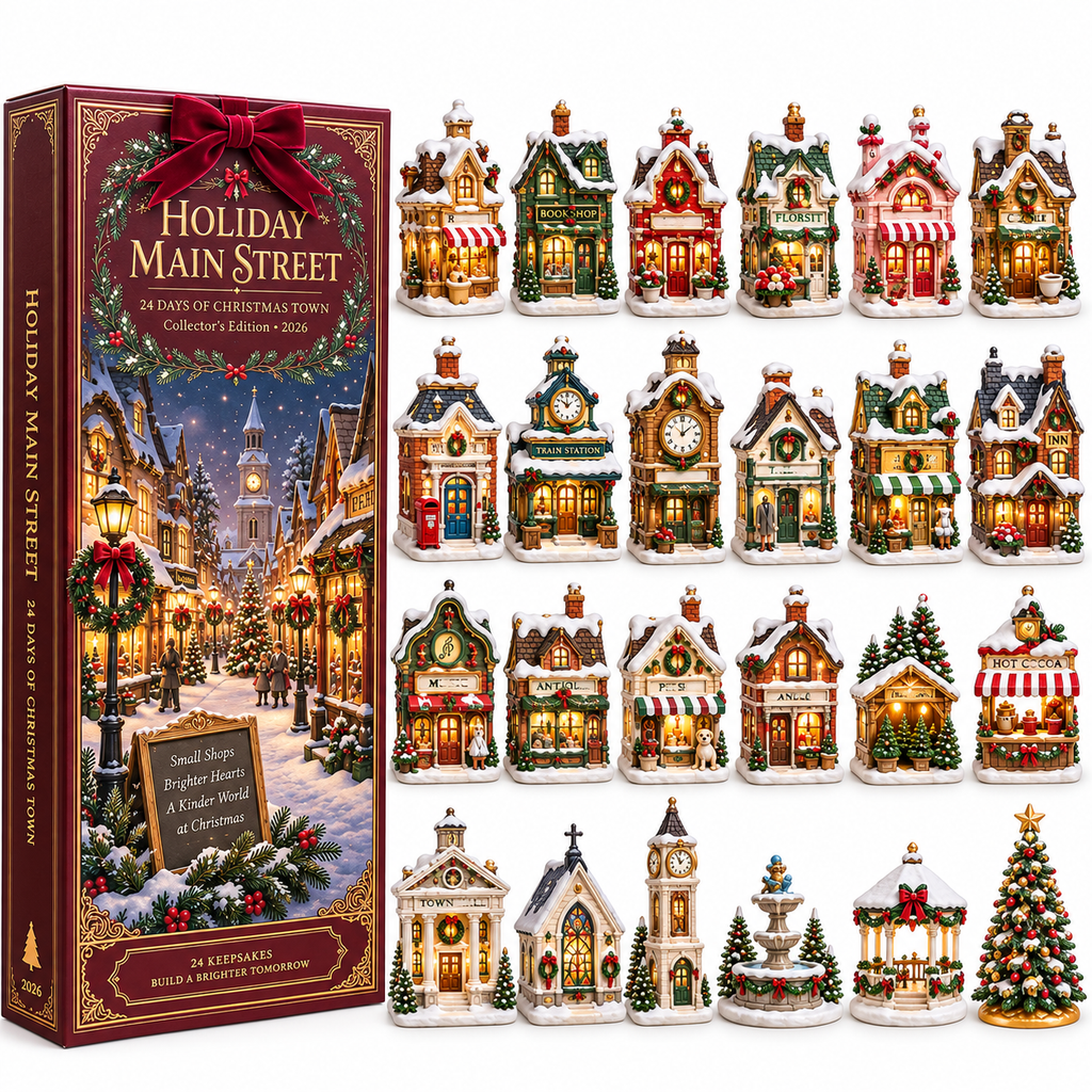 2026 Holiday Main Street 24-Day Christmas Countdown Calendar – 24 Unique Christmas Village Shop Miniatures, Charming Snowy Town Collector’s Gift