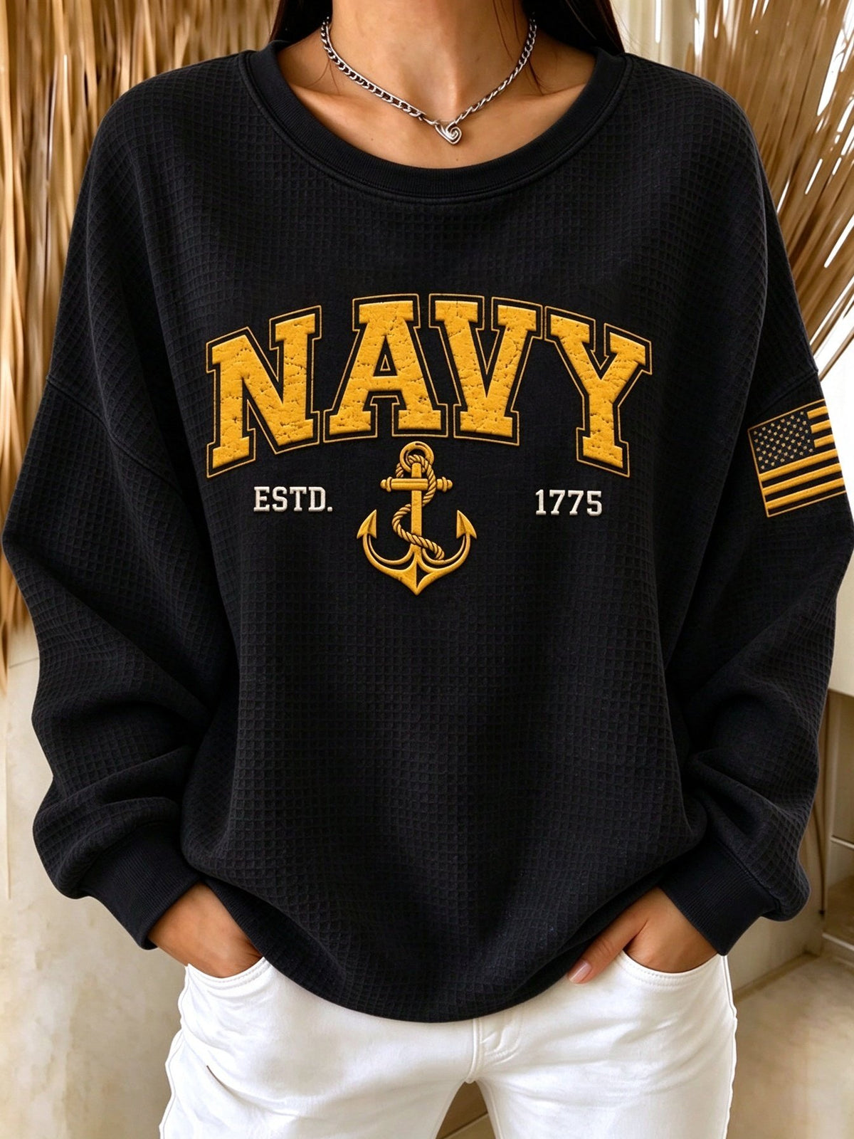 Women's Casual Veterans Day Print Waffle-Knit Long-Sleeve Top