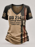 Women's Casual Short-Sleeve V-Neck Tee – "DD214 America Official Woman Card" Print