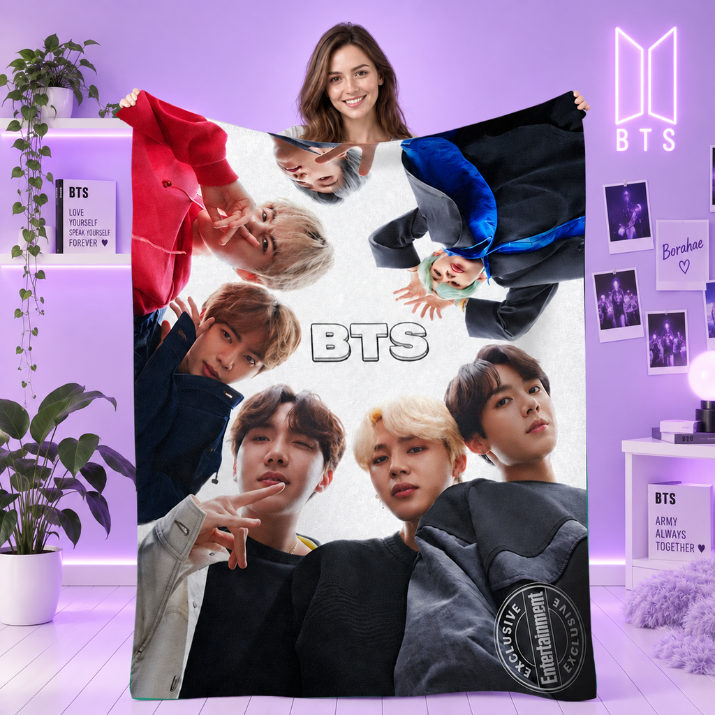 BTS Group Print Cozy Flannel Throw Blanket