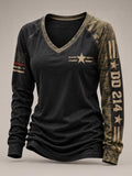 Women's Casual "DD214 America Official Woman Card" Print V-Neck Long-Sleeve T-Shirt