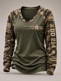 Women's Casual "DD214 America Official Woman Card" Print V-Neck Long-Sleeve T-Shirt