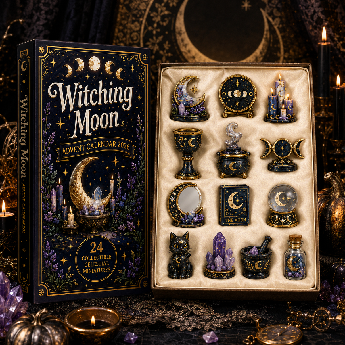 Witching Moon Advent Calendar 2026 – 24 Days of Celestial Miniatures, Mystical Moon Collectibles & Magical Gifts for Witchy Decor Lovers