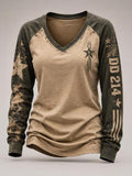 Women's Casual "DD214 America Official Woman Card" Print V-Neck Long-Sleeve T-Shirt