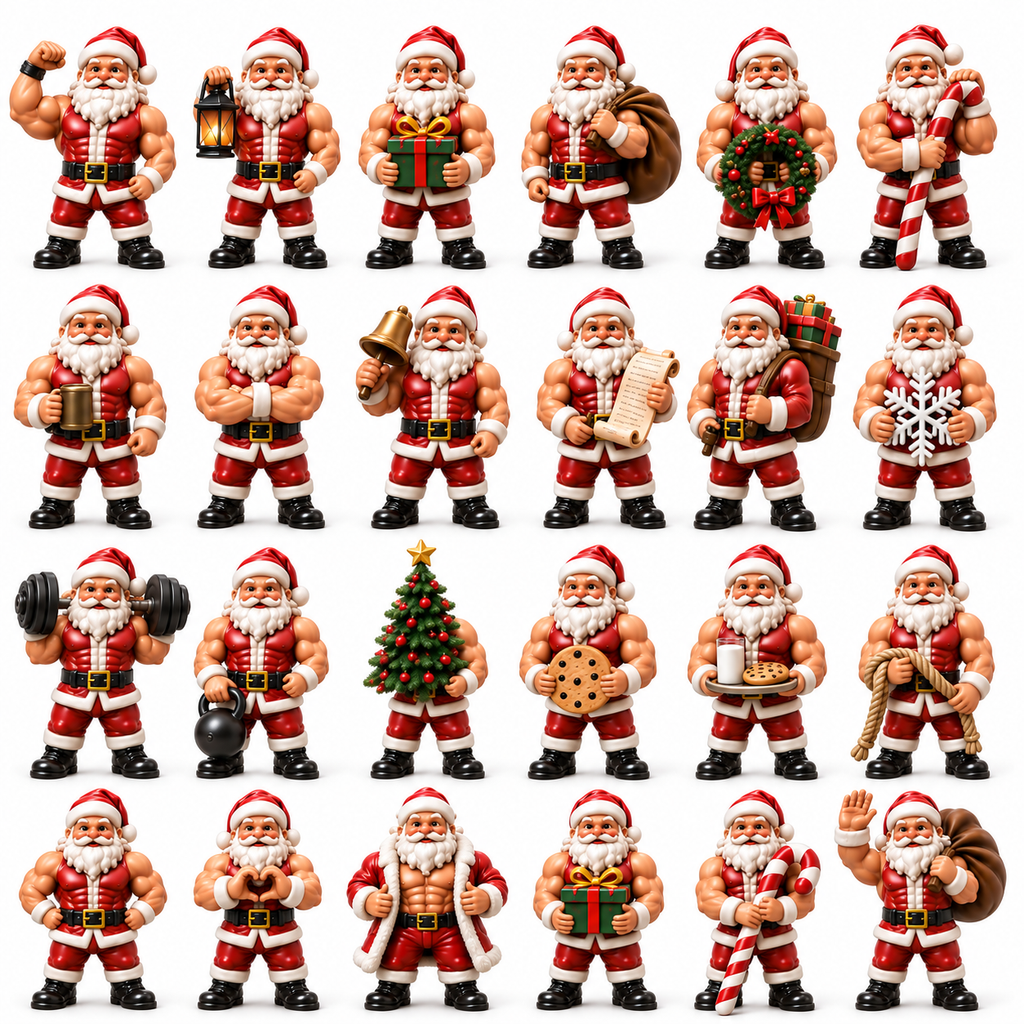 2026 Santa Strength 24-Day Countdown Calendar – 24 Unique Muscular Santa Miniatures, Funny Fitness Christmas Collectible Gift for Gym & Santa Lovers