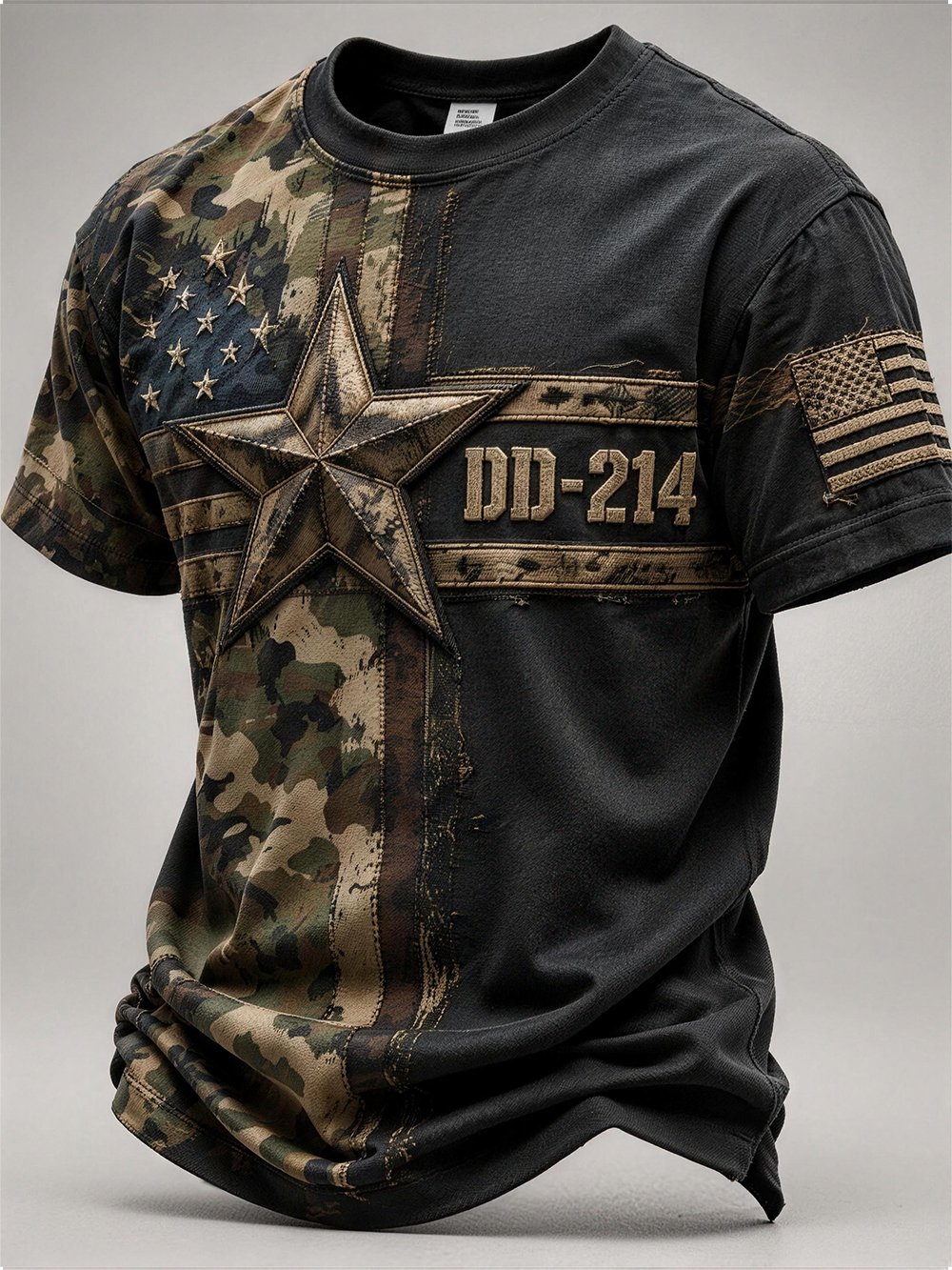 Men's Casual Veteran-Print Short-Sleeve Waffle-Knit Crew-Neck T-Shirt