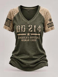 Women's Casual Short-Sleeve V-Neck Tee – "DD214 America Official Woman Card" Print