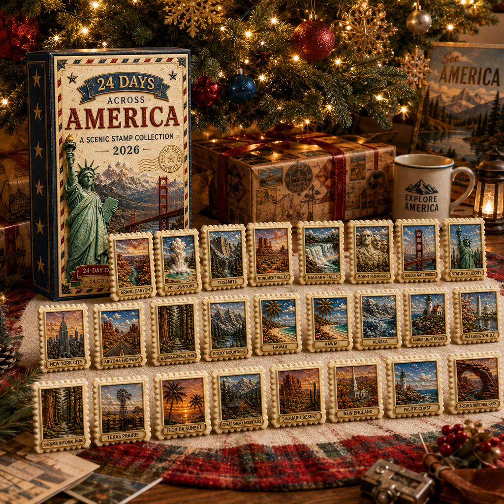 2026 24-Day Across America Advent Calendar – 24 Collectible Scenic Stamp Miniatures Featuring Iconic U.S. Landmarks, A Unique Christmas Gift for Travel Lovers & Collectors