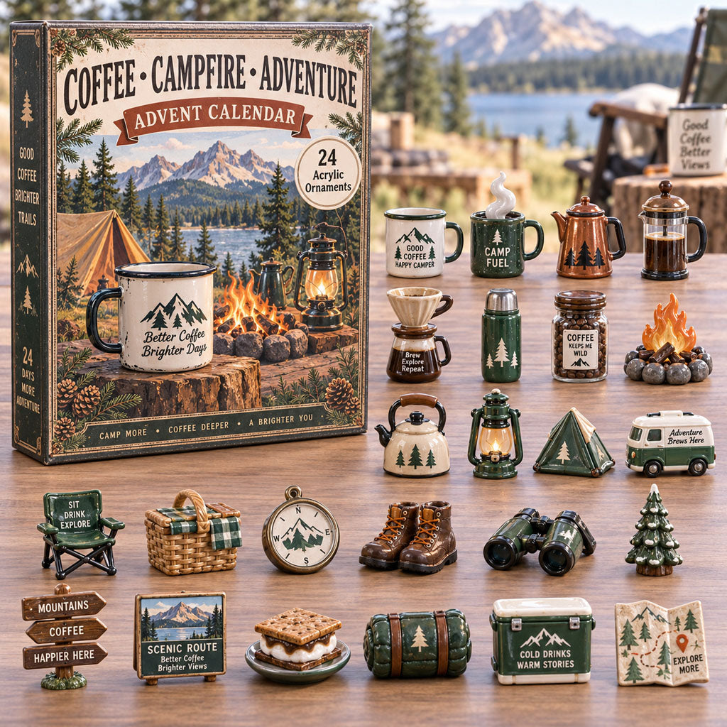 CHRISTMAS KICKOFF 40% OFF - Camp Coffee Adventure Advent Calendar 2026 - 24-Day Festive Countdown, Acrylic Charms Blind Box - Gift For Camping Lovers AC0TH382