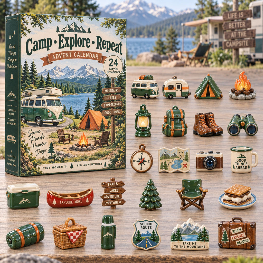 CHRISTMAS KICKOFF 40% OFF - Camp Explore Repeat Advent Calendar 2026 - 24-Day Festive Countdown, Acrylic Charms Blind Box - Gift For Camping Lovers AC0TH383