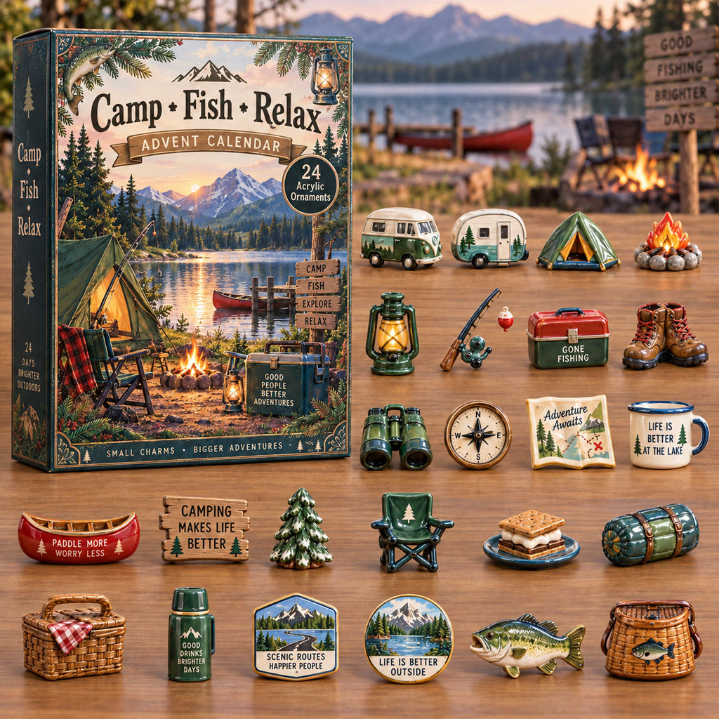 CHRISTMAS KICKOFF 40% OFF - Camp Fish Relax Advent Calendar 2026 - 24-Day Festive Countdown, Acrylic Charms Blind Box - Gift For Camping Lovers AC0TH384
