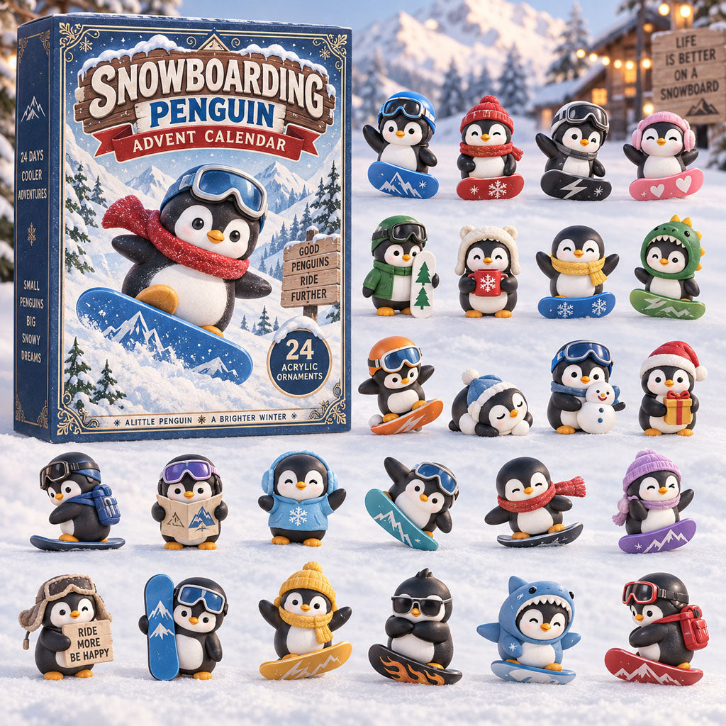 CHRISTMAS KICKOFF 40% OFF - Snowboarding Penguin Advent Calendar 2026 - 24-Day Festive Countdown, Acrylic Charms Blind Box - Gift For Snowboarding Lovers AC0TM463
