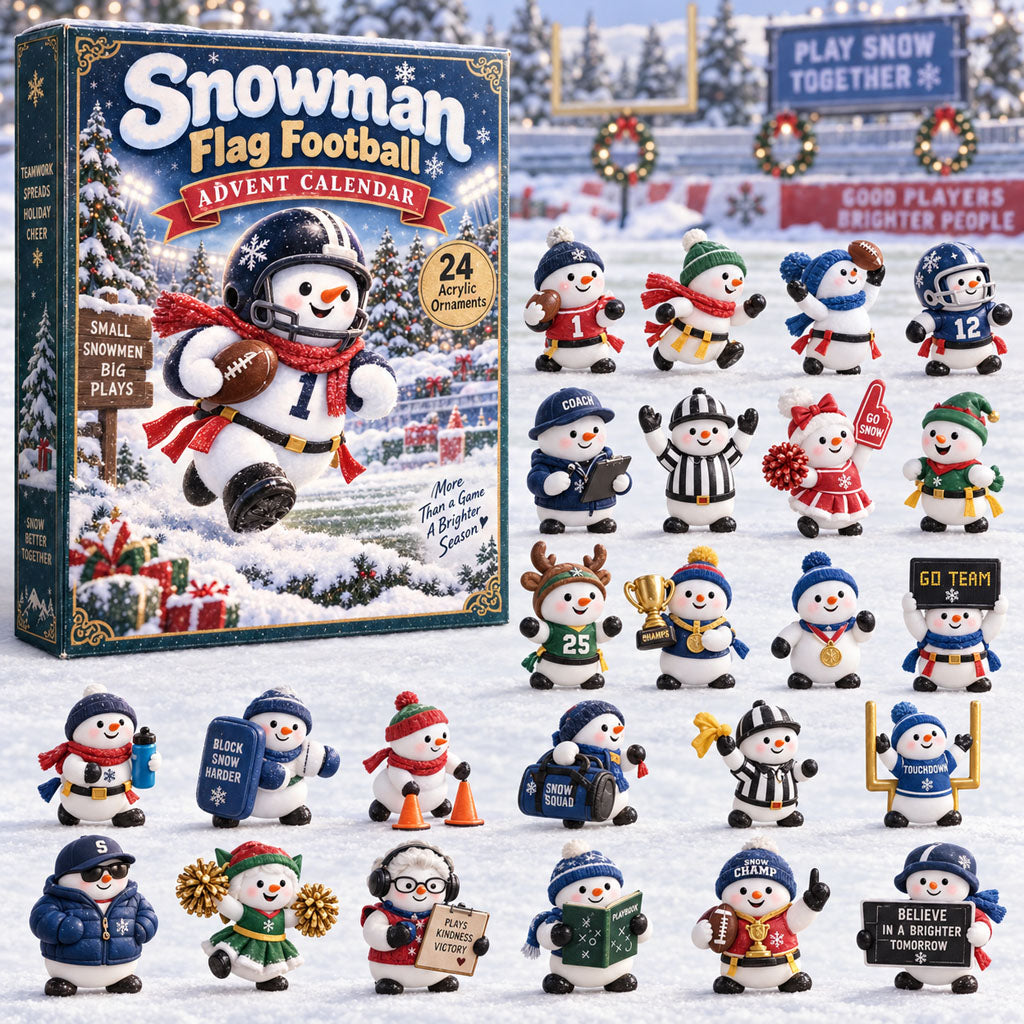 CHRISTMAS KICKOFF 40% OFF - Snowman Flag Football Advent Calendar 2026 - 24-Day Festive Countdown, Acrylic Charms Blind Box - Gift For Flag Football Lovers AC0HA396