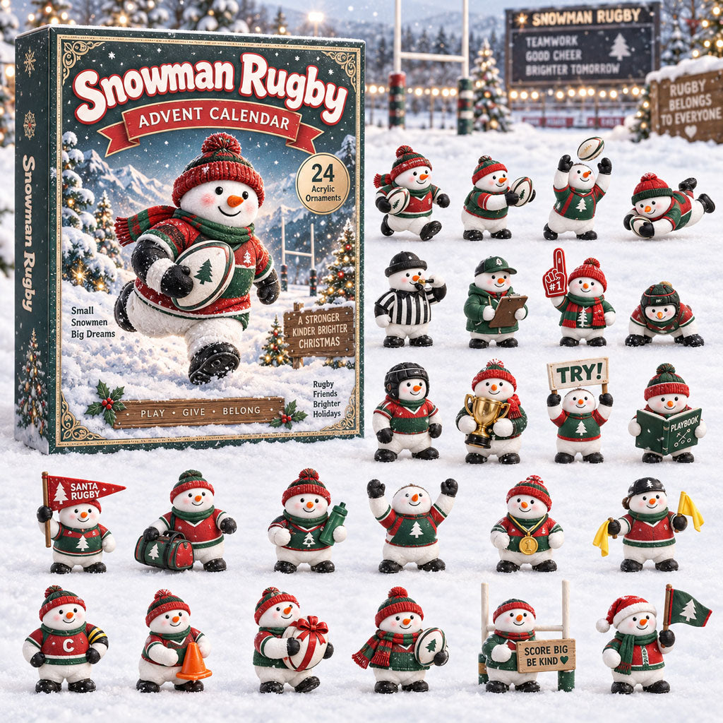 CHRISTMAS KICKOFF 40% OFF - Snowman Rugby Advent Calendar 2026 - 24-Day Festive Countdown, Acrylic Charms Blind Box - Gift For Rugby Lovers AC0HA401