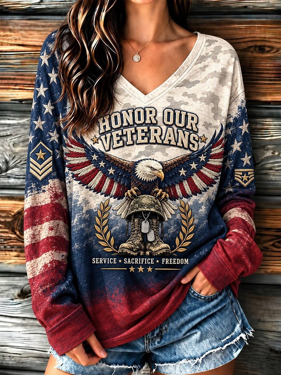 Women's U.S. Veterans Day Veteran Faith Art Print Casual Long-Sleeve T-Shirt