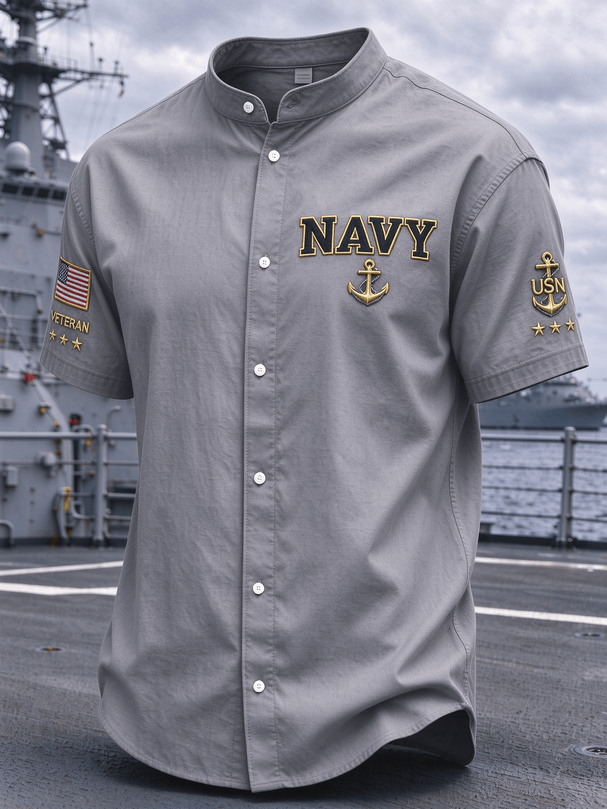Men's American Veterans Print Stand-Up Collar Shirt