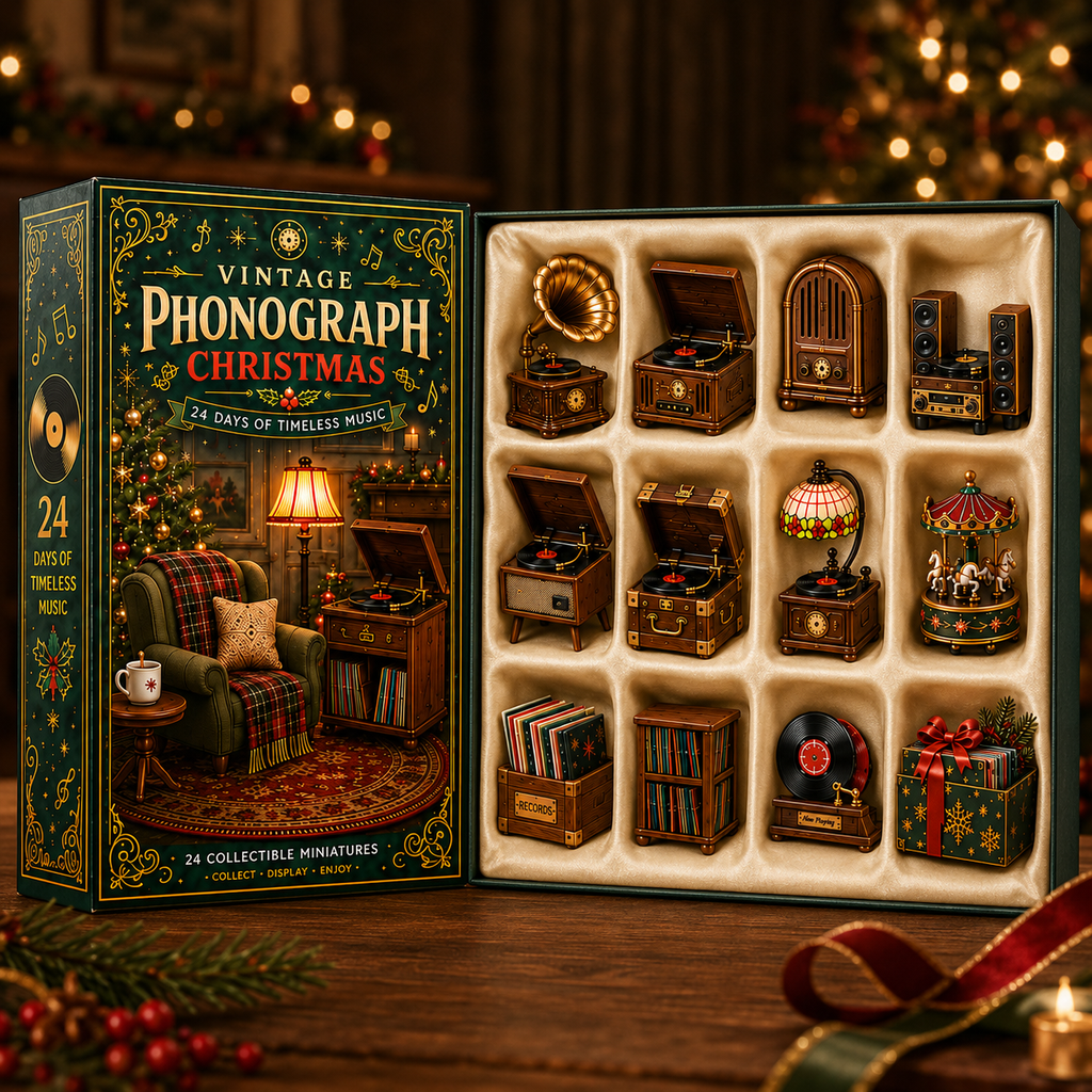 Vintage Phonograph Christmas Advent Calendar 2026 – 24 Days of Timeless Music Collectible Miniatures, Retro Record Player Countdown Gift for Music Lovers