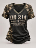 Women's Casual Short-Sleeve V-Neck Tee – "DD214 America Official Woman Card" Print