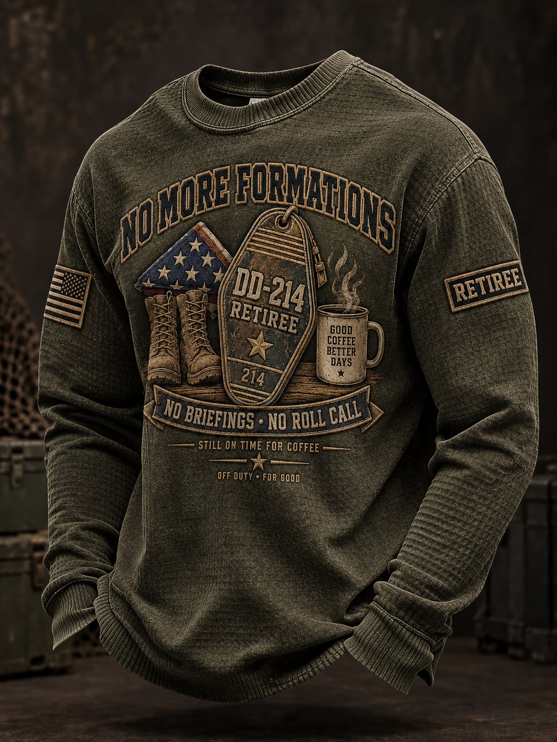 Men's Veterans Day DD-214 Retiree Print Casual Waffle Long Sleeve T-Shirt