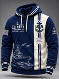Men's Casual Navy Veteran Art Printed Long-Sleeve Hoodie