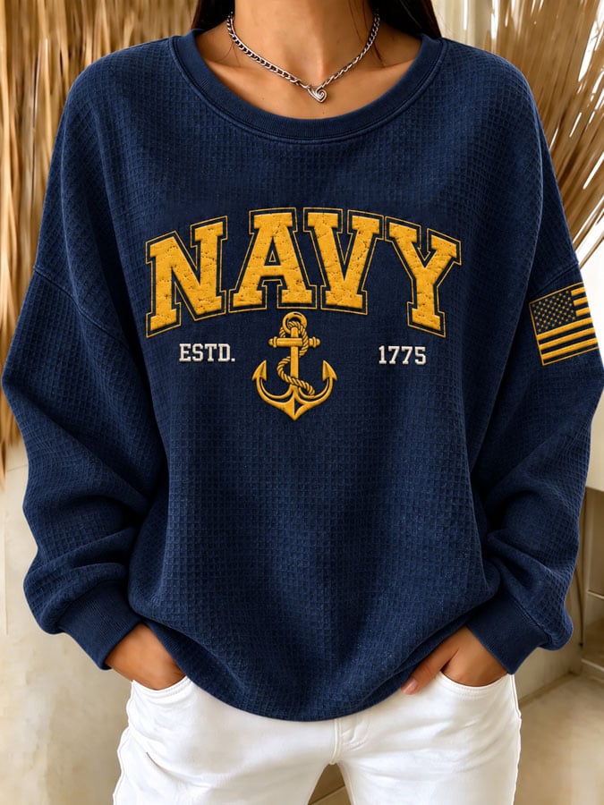 Women's Casual Veterans Day Print Waffle-Knit Long-Sleeve Top