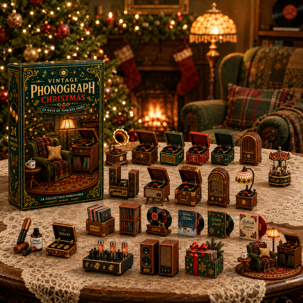 Vintage Phonograph Christmas Advent Calendar 2026 – 24 Days of Timeless Music Collectible Miniatures, Retro Record Player Countdown Gift for Music Lovers